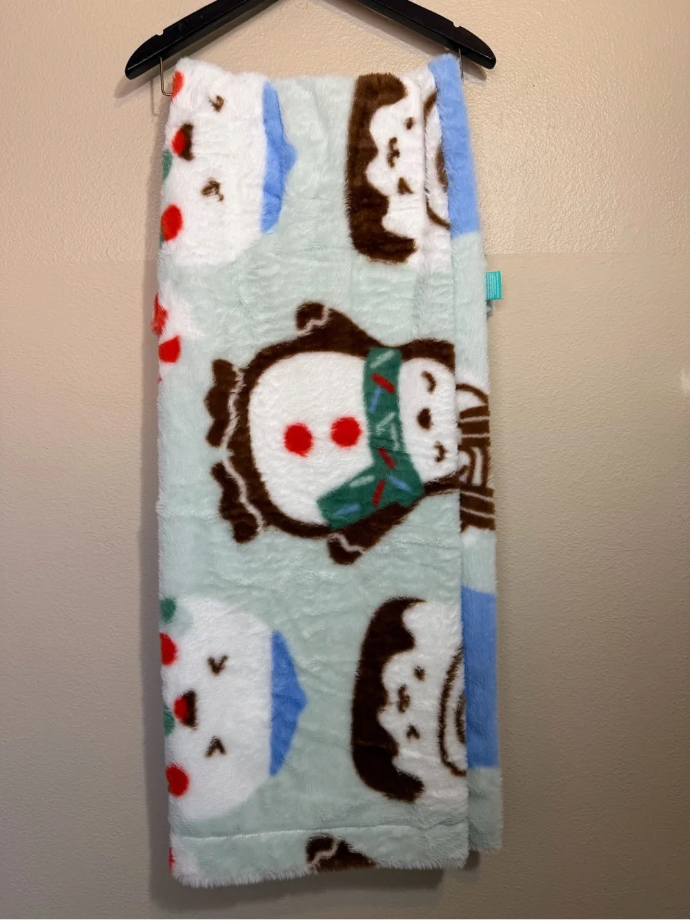 Pillowfort Mint Green Holiday Plush Kids Blanket with Red & Blue Accents